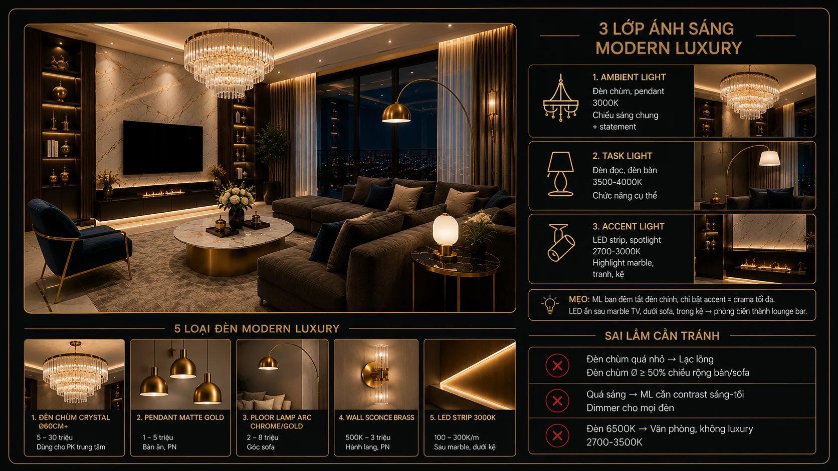 Ánh Sáng Nghệ Thuật Modern Luxury — Đèn Chùm, LED & 3 Lớp Sáng